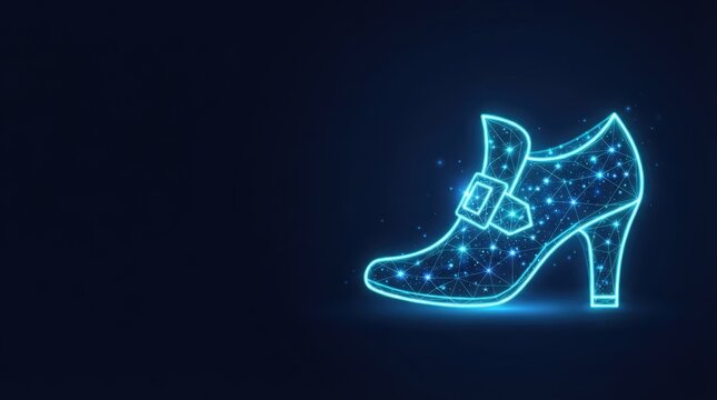 Stunning glowing blue wireframe high-heel shoe on dark background ideal for AI, digital art, and futuristic tech innovation projects.