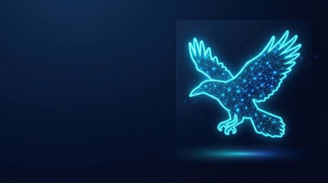 Stunning glowing blue wireframe eagle hologram on dark tech background ideal for AI, digital innovation, and futuristic science projects showcasing advanced technology.