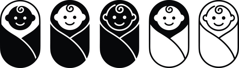 Newborn baby swaddled in blanket icon vector set in black and white © Creative Asset Hub