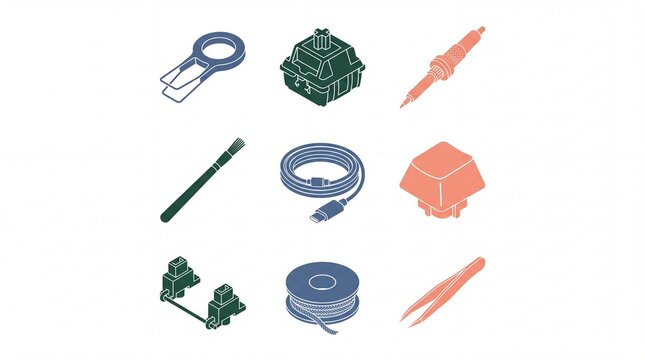 Isometric mechanical keyboard building tools and components set, including keycap puller, switches, soldering iron, brush, USB cable, stabilizer, solder, and tweezers