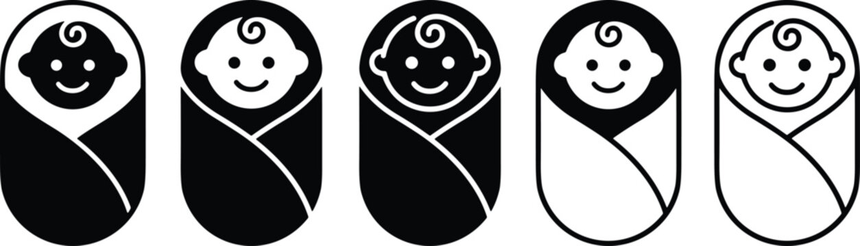 Newborn baby swaddled in blanket icon vector set in black and white
