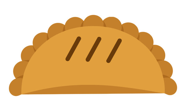 Golden brown empanada pastry with crimped edge and diagonal vent marks on a clean solid white background, food and culinary concept