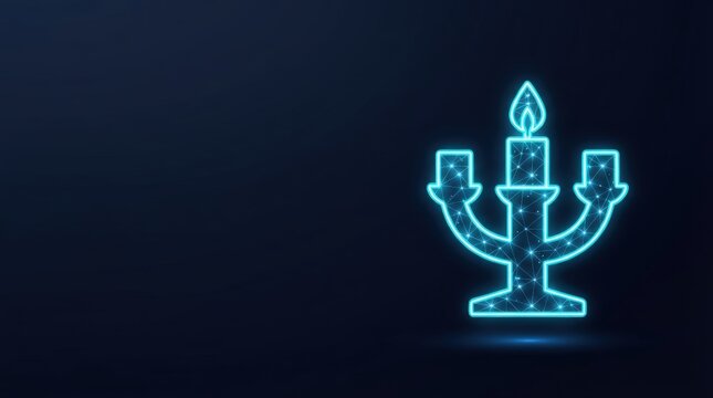 Striking 3D glowing blue wireframe menorah on dark background ideal for AI, digital innovation, and high-tech presentations with ample copy space.