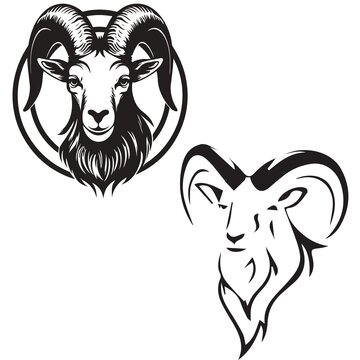 Ram Head Emblems: Two stylized emblem designs featuring the head of a ram, one detailed within a circle and the other a more abstract outline, showcasing strength and a wild spirit.