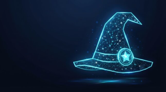 Glowing blue wireframe magic wand with star emblem on dark tech background perfect for AI, digital innovation, and futuristic project visuals.