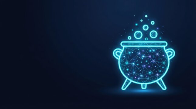 Glowing blue wireframe cauldron symbolizes AI, machine learning, and futuristic tech innovation with dark background for high-tech digital science projects.