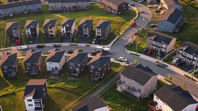 In a contemporary neighborhood of Halifax, Nova Scotia, brave firefighters drive their trucks through the community, saving lives amid a critical emergency