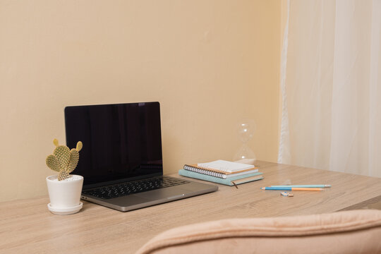 Workspace with laptop, plants, and notebooks in a bright indoor setting during the day