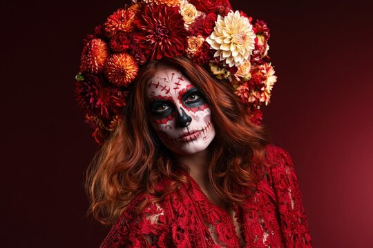 Dia de los Muertos Portrait with Floral Headdress and Skull Makeup