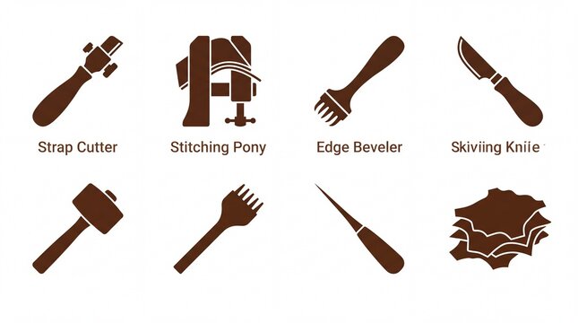 Leather crafting tools illustration, featuring eight brown silhouette icons of essential equipment like a strap cutter, stitching pony, and skiving knife, on a clean white background