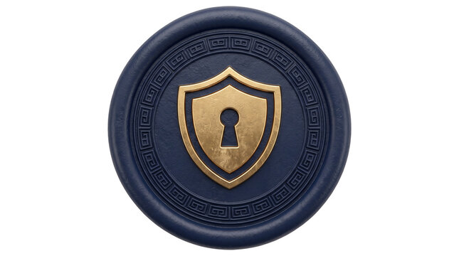 3D Navy Blue Wax Seal Stamp with Gold Security Shield and Keyhole Emblem PNG