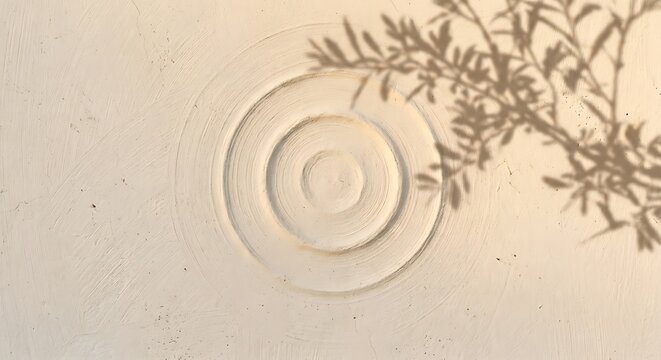 Zen sand circles pattern with leaf branch shadow on beige wall texture minimalist background plant shadow zen garden interior design shadow play light
