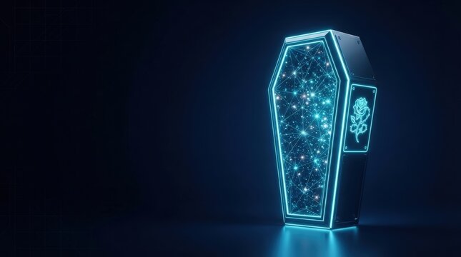 Stunning 3D glowing blue neural network hologram inside high-tech cyber casket for AI, digital science, and futuristic innovation projects.
