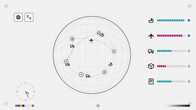 Abstract animated goods moving across a supply chain network drawn as violet and blue lines and shapes on a bright, clean light background. Seamless looping 4K motion graphics video with free space fo
