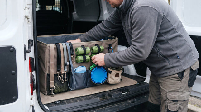 Professional dog walker organizing pet care equipment leashes bowls and waste bags in trunk organizer inside transport van