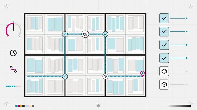Abstract animated parcel completing its last mile delivery drawn as violet and blue lines and shapes on a bright, clean light background. Seamless looping 4K motion graphics video with free space for 