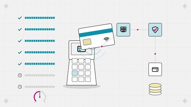 Abstract animated contactless payment being approved drawn as cyan and teal lines and shapes on a bright, clean light background. Seamless looping 4K motion graphics video with free space for text, id