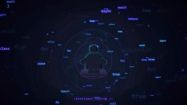 Abstract digital background with floating computer code and a stylized human silhouette icon