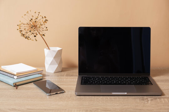 Workspace with a laptop, phone, and decorative items on a desk with a plain background