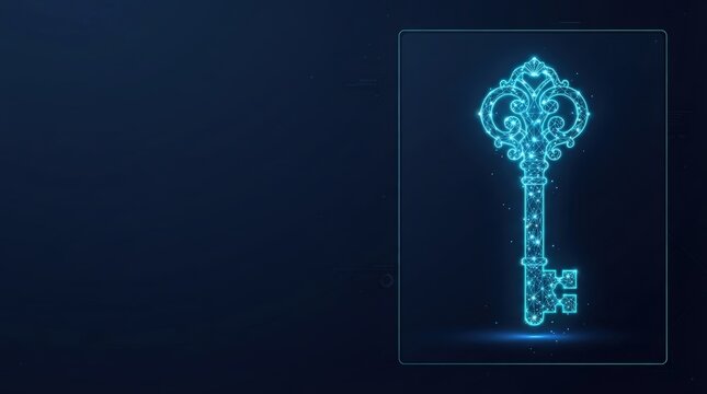 Glowing blue wireframe key symbolizes cutting-edge AI, digital science, and high-tech innovation against dark background with ample copy space.