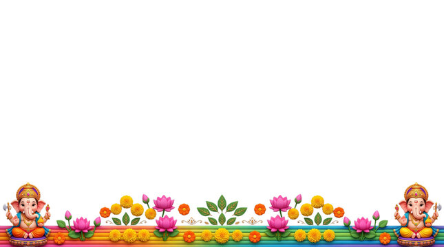 Ganesha border with colorful rainbow base and flowers isolated on transparent background