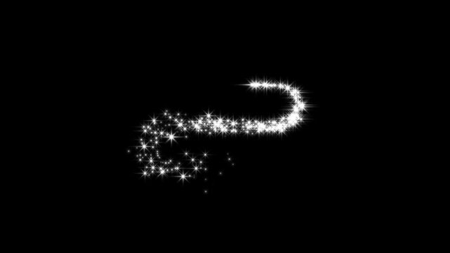 White glowing glitter stars line animation with sparkling dust trail, flat smoke bursts and comic manga flashes on black background 4k