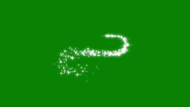 White glowing glitter stars line animation with sparkling dust trail, flat smoke bursts and comic manga flashes on green background 4k
