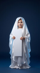 Fototapeta premium Child dressed in white robe holding blank sign. Religious theme, Easter celebration, Christian imagery, copy space.