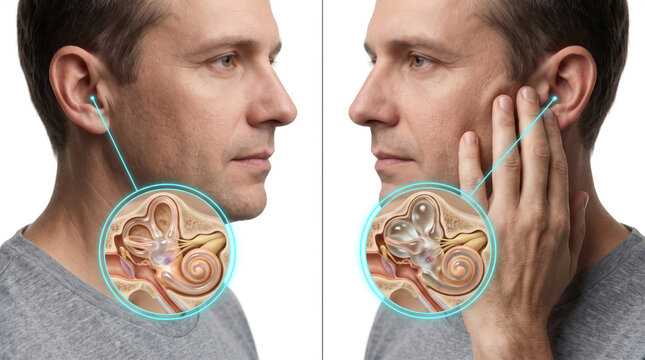Ear Anatomy Medical Illustration, detailed inner ear structure showing hearing system and auditory health concept in adult male