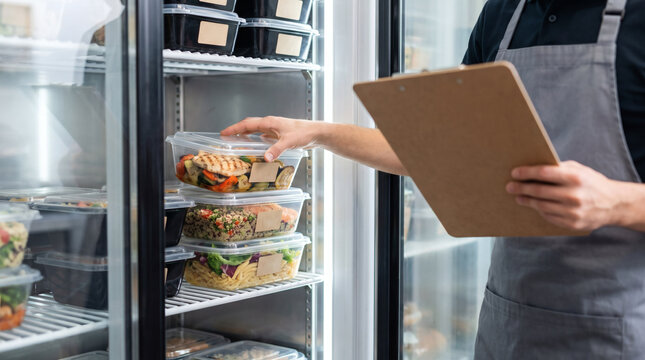 Worker holding clipboard organizing healthy meal prep containers and takeout food orders inside refrigerator at catering kitchen delivery business
