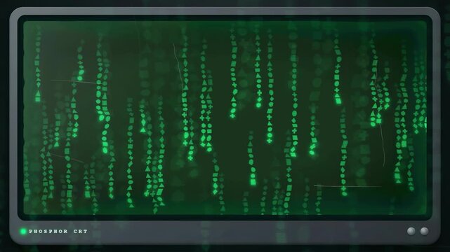 Digital green code raining down on a vintage computer monitor screen in dark room