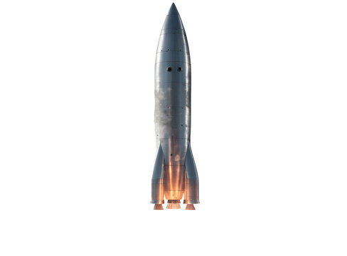 Silver rocket ship launching with fire and smoke isolated on transparent background png for space travel technology.