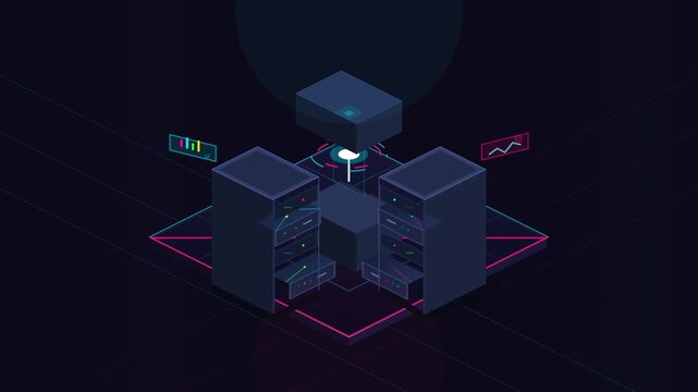 Isometric illustration of a futuristic server room with data processing and analytics elements
