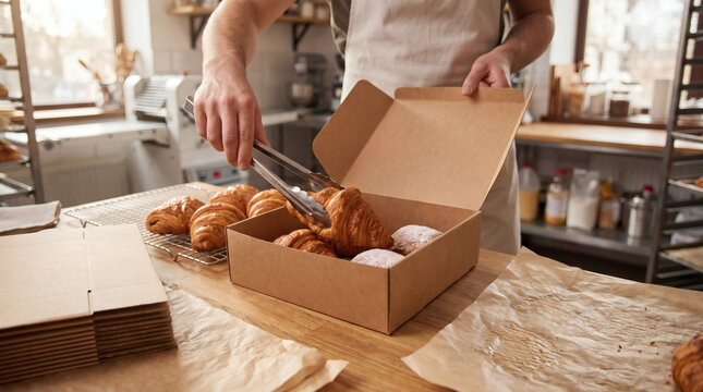Baker using tongs to pack freshly baked golden croissants and sweet pastries into cardboard box for takeout order delivery at artisan bakery kitchen