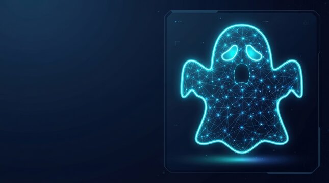 Glowing blue wireframe ghost hologram on dark tech background ideal for AI, machine learning, and futuristic digital innovation projects.