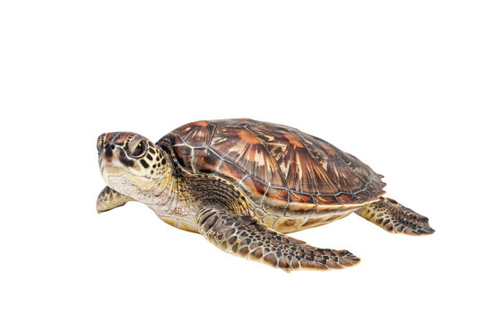 A close-up side view of a small sea turtle swimming, highlighting its detailed shell and textured skin, isolated on a white background