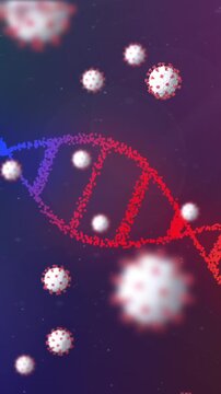 Covid-19 cells floating over dna structure spinning against colorful gradient background