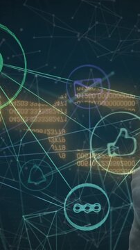 Animation of data processing and media icons over hand