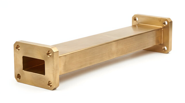 Rectangular brass hollow waveguide section for high frequency microwave signal transmission.