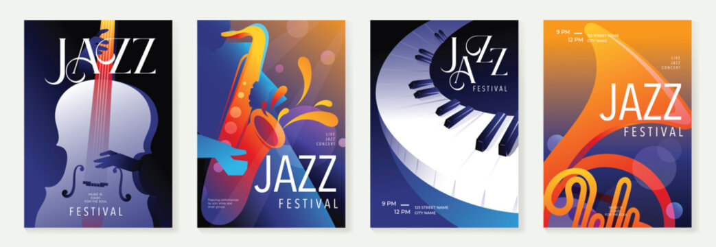Jazz music festival poster design vector set. Electro Sound Cover template with vibrant abstract gradient record, guitar, saxophone. Ideal design for social media, flyer, party, music festival.