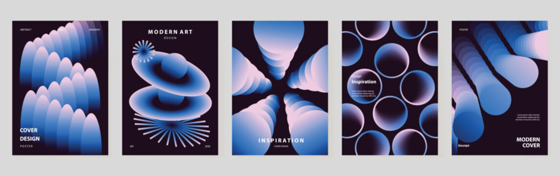 Abstract futuristic poster templates set. Vector colorful covers with glowing swirl, dark space elements, neon geometric forms and flowing wave lines for modern graphic design.
