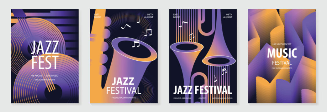 Jazz music festival poster design vector set. Electro Sound Cover template with vibrant abstract gradient record, guitar, saxophone. Ideal design for social media, flyer, party, music festival.