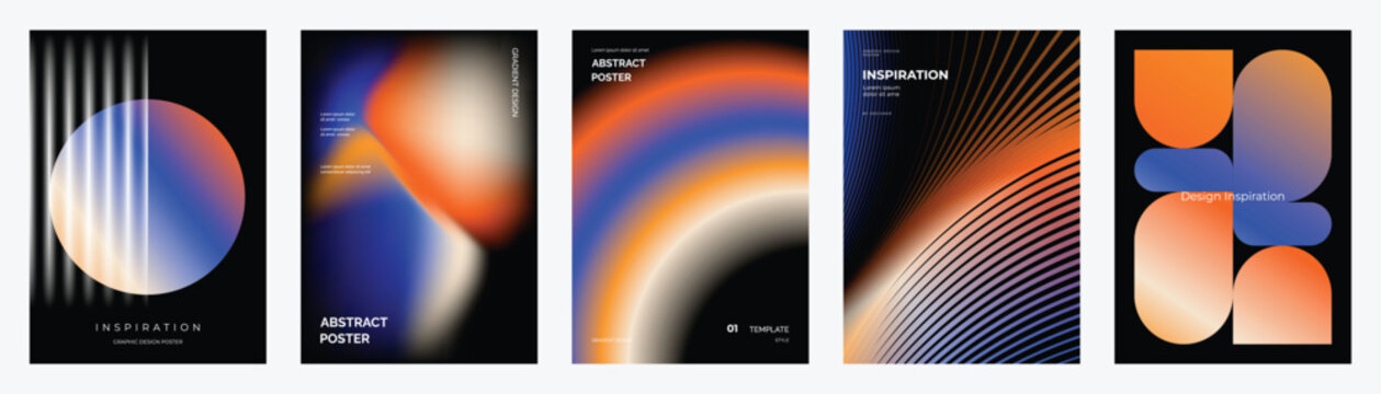 Abstract futuristic poster templates set. Vector colorful covers with glowing swirl, dark space elements, neon geometric forms and flowing wave lines for modern graphic design.