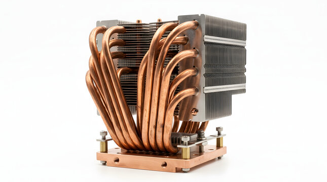 Modern cpu cooler with copper heat pipes and aluminum fins isolated on white background.