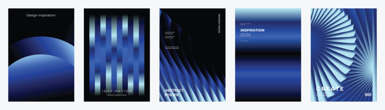 Abstract gradient poster templates set. Vector blue geometric covers with blurred light effects, modern grid layouts and futuristic shapes for flyer, brochure and presentation design.