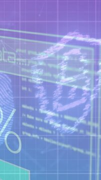 Biometric fingerprint scanner and security padlock icon against data processing on blue background