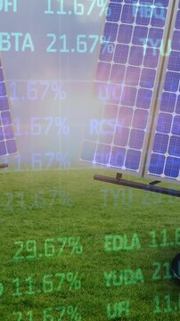 Animation of stock market financial data processing over solar panels in field