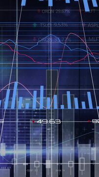 Digital animation of statistical data processing over aerial view of cityscape