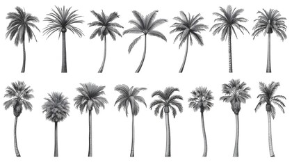 Fototapeta premium Vintage Tropical Palm Tree Collection – Hand-Drawn Botanical Illustrations, Exotic Palm Trees & Tropical Foliage Set
