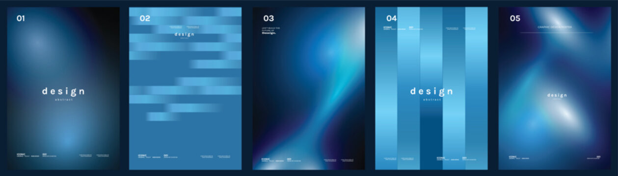 Abstract gradient poster templates set. Vector blue geometric covers with blurred light effects, modern grid layouts and futuristic shapes for flyer, brochure and presentation design.